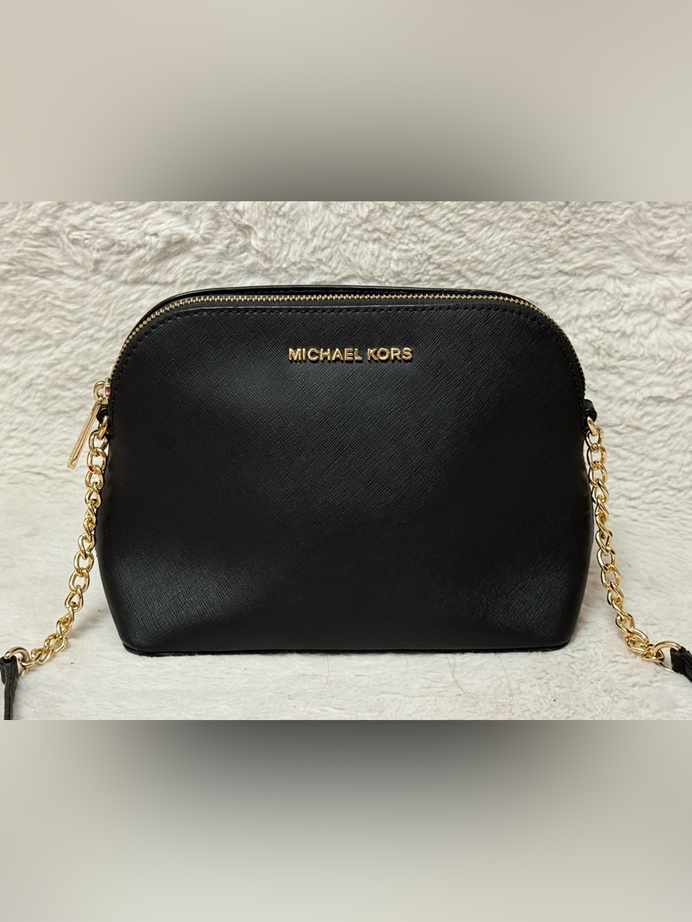 Michael Kors Black Saffiano Leather Cindy Dome Crossbody bag with Gold Hardware